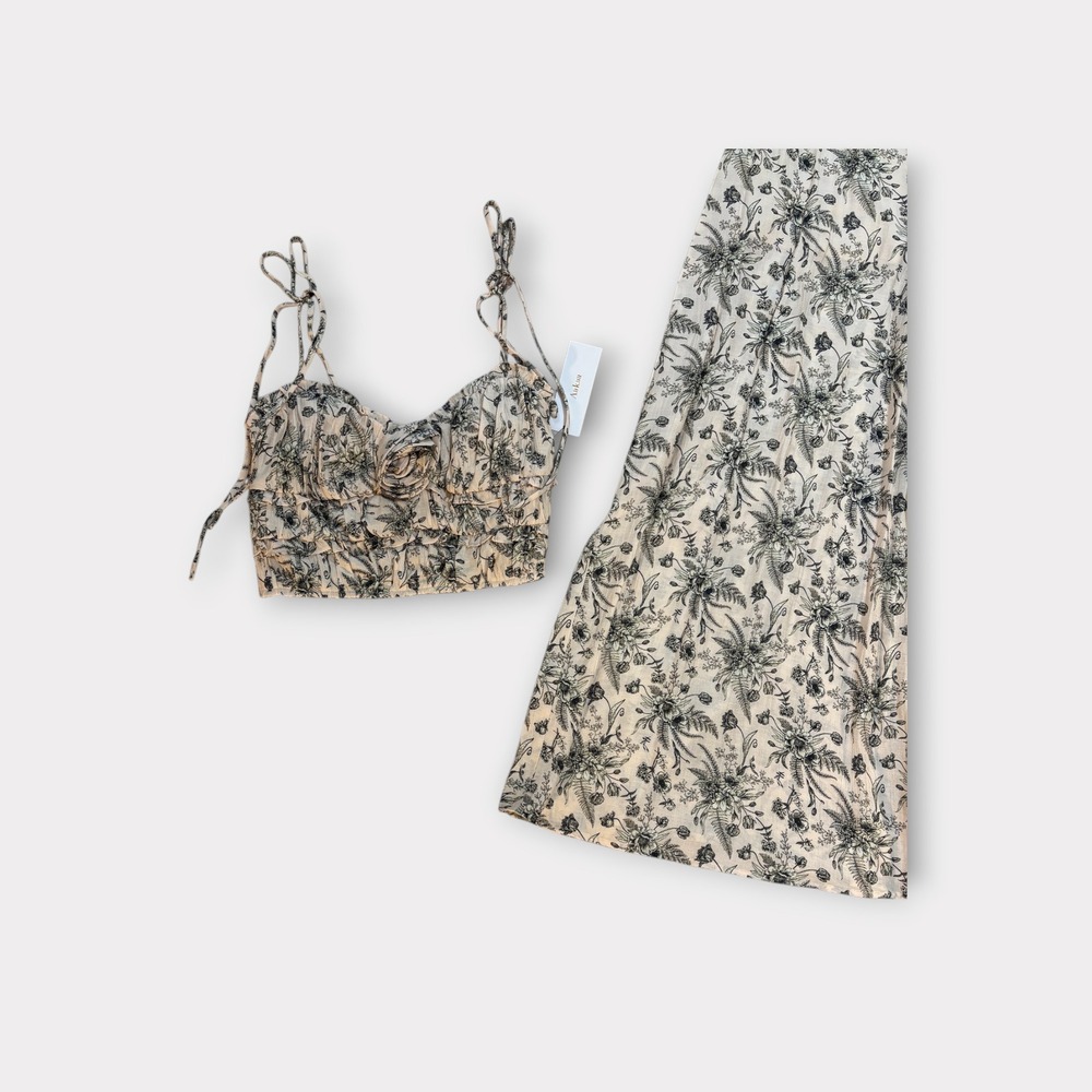 Aakaa Toile Floral Corset Top & Wide-Leg Pants 2pc Set Ecru Black Small NWT